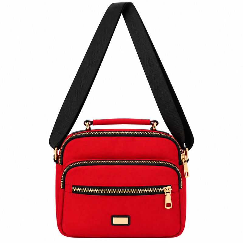 (image for) 2434 Red Polyester Multi Zip X-Body Bag With Top Handle (New)